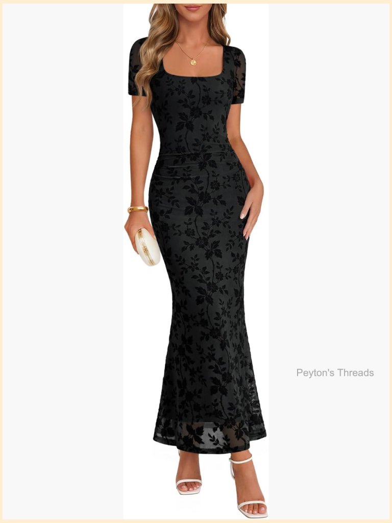 Fitted Square Neck Short Sleeve Floral Maxi Dress Bodycon Cocktail Party